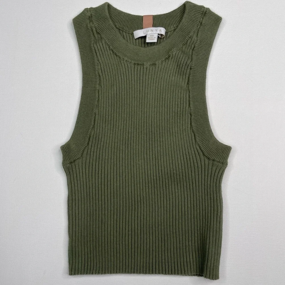 LUNYA Cozy Cotton Silk Crop Ribbed Tank Top Green Comfy Luxury Lounge  Summer - Picture 2 of 10